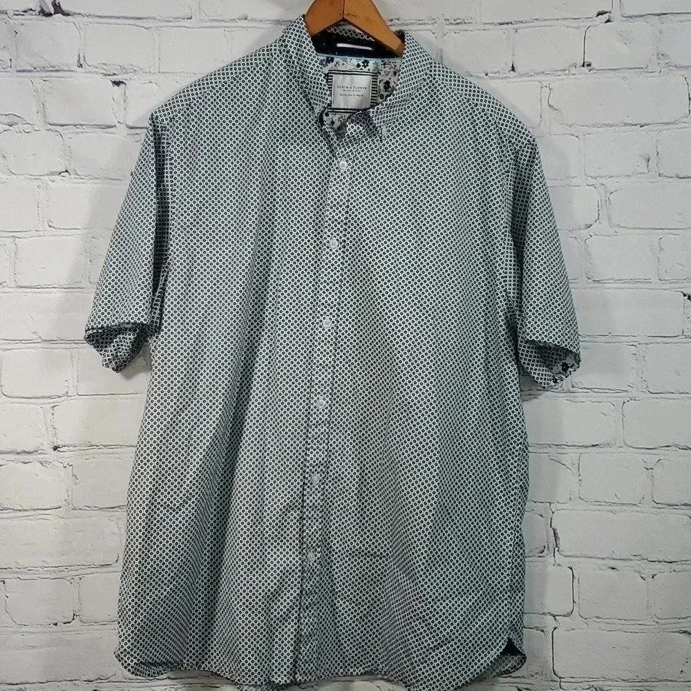 Denim & Flower Mens XL Short Sleeve Button Down Blue Floral Pattern